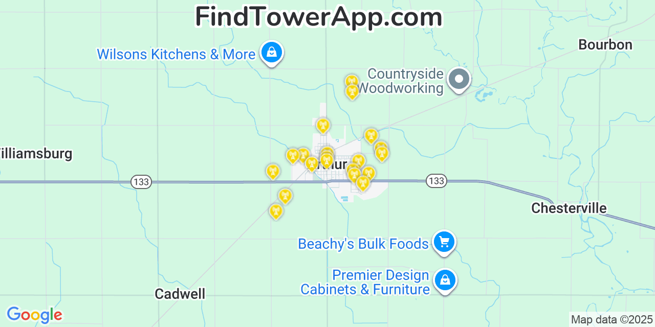 Map showing the 20 primary cell tower locations detected in Arthur, Illinois from AT&T, Verizon, and T-Mobile networks