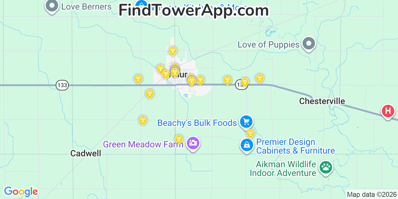 Map showing the 20 primary cell tower locations detected in Arthur, Illinois from AT&T, Verizon, and T-Mobile networks