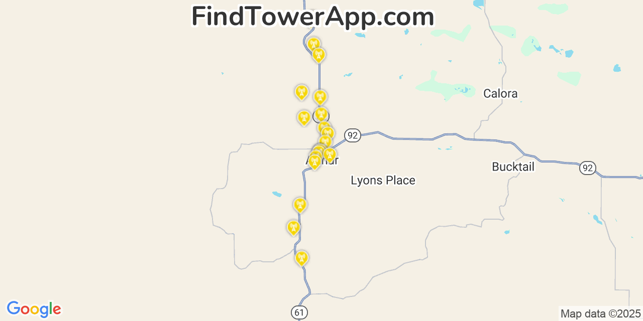 Map showing the 20 primary cell tower locations detected in Arthur, Nebraska from AT&T, Verizon, and T-Mobile networks