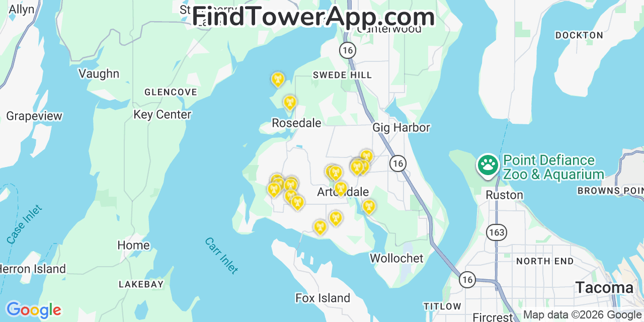 Map showing the 20 primary cell tower locations detected in Artondale, Washington from AT&T, Verizon, and T-Mobile networks