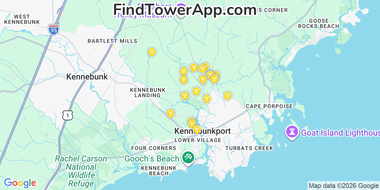 Map showing the 20 primary cell tower locations detected in Arundel, Maine from AT&T, Verizon, and T-Mobile networks