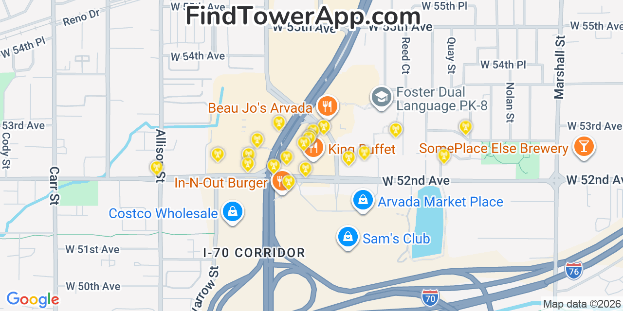 Map showing the 20 primary cell tower locations detected in Arvada, Colorado from AT&T, Verizon, and T-Mobile networks