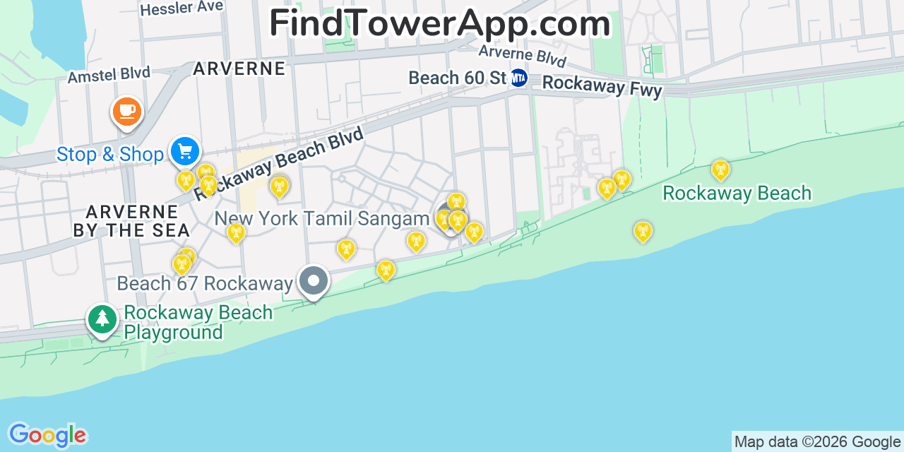 Map showing the 20 primary cell tower locations detected in Arverne, New York from AT&T, Verizon, and T-Mobile networks