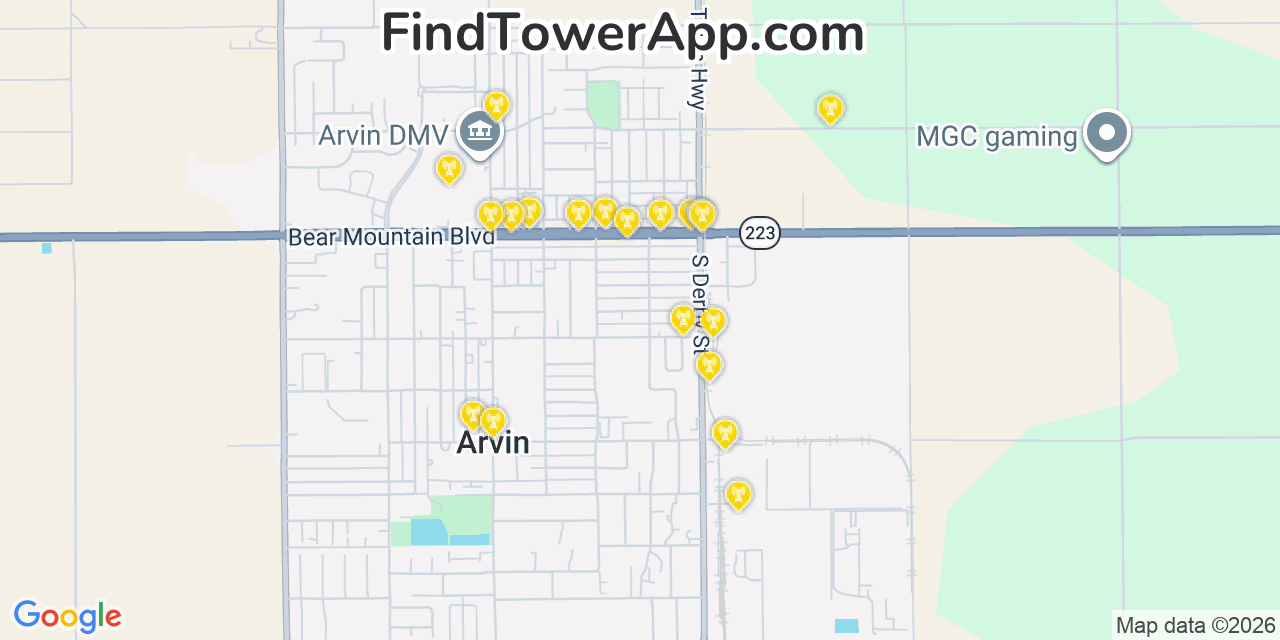 Map showing the 20 primary cell tower locations detected in Arvin, California from AT&T, Verizon, and T-Mobile networks
