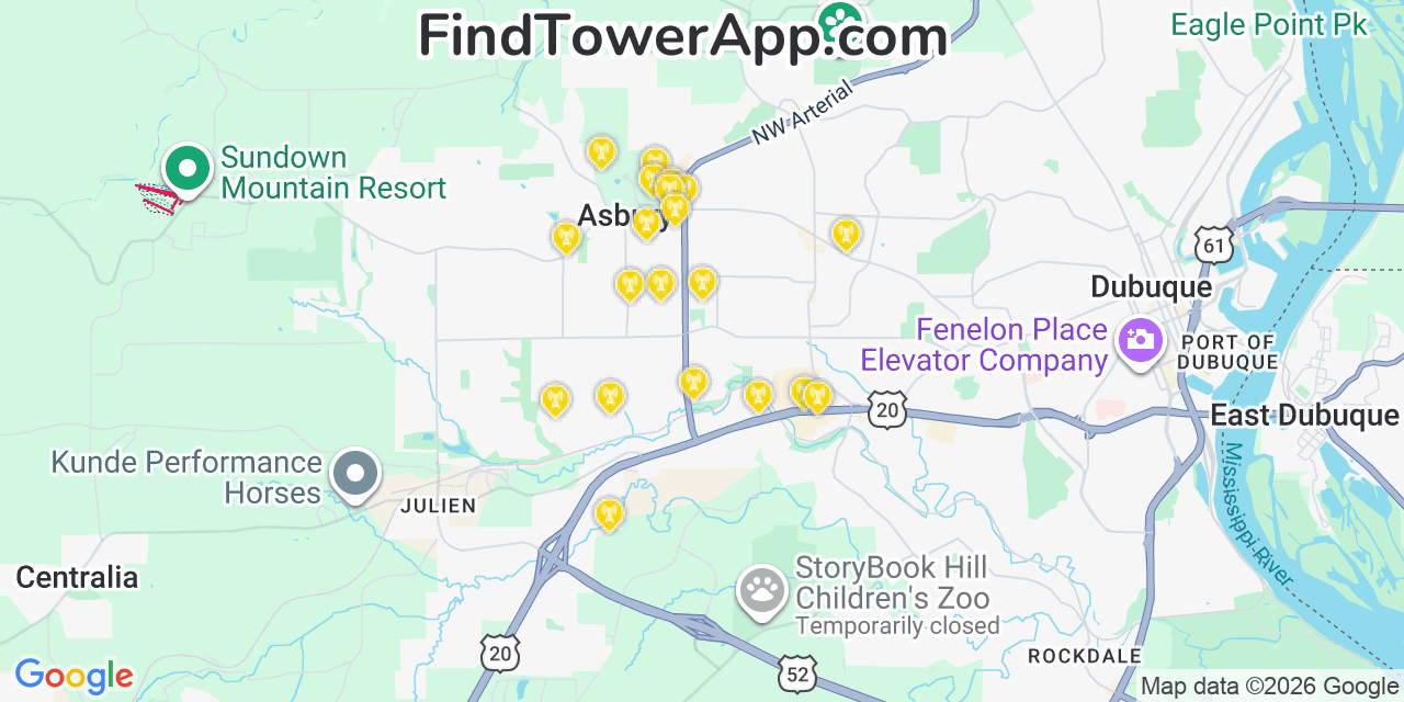 Map showing the 20 primary cell tower locations detected in Asbury, Iowa from AT&T, Verizon, and T-Mobile networks
