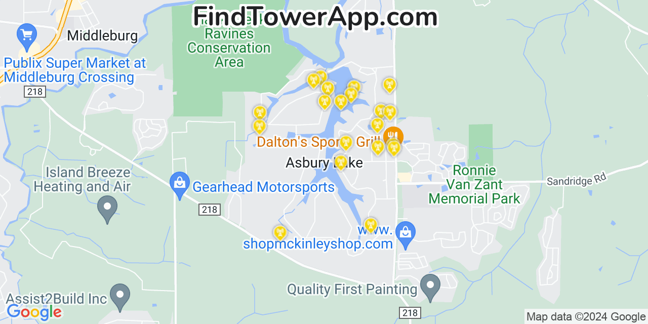 AT&T 4G/5G cell tower coverage map Asbury Lake, Florida