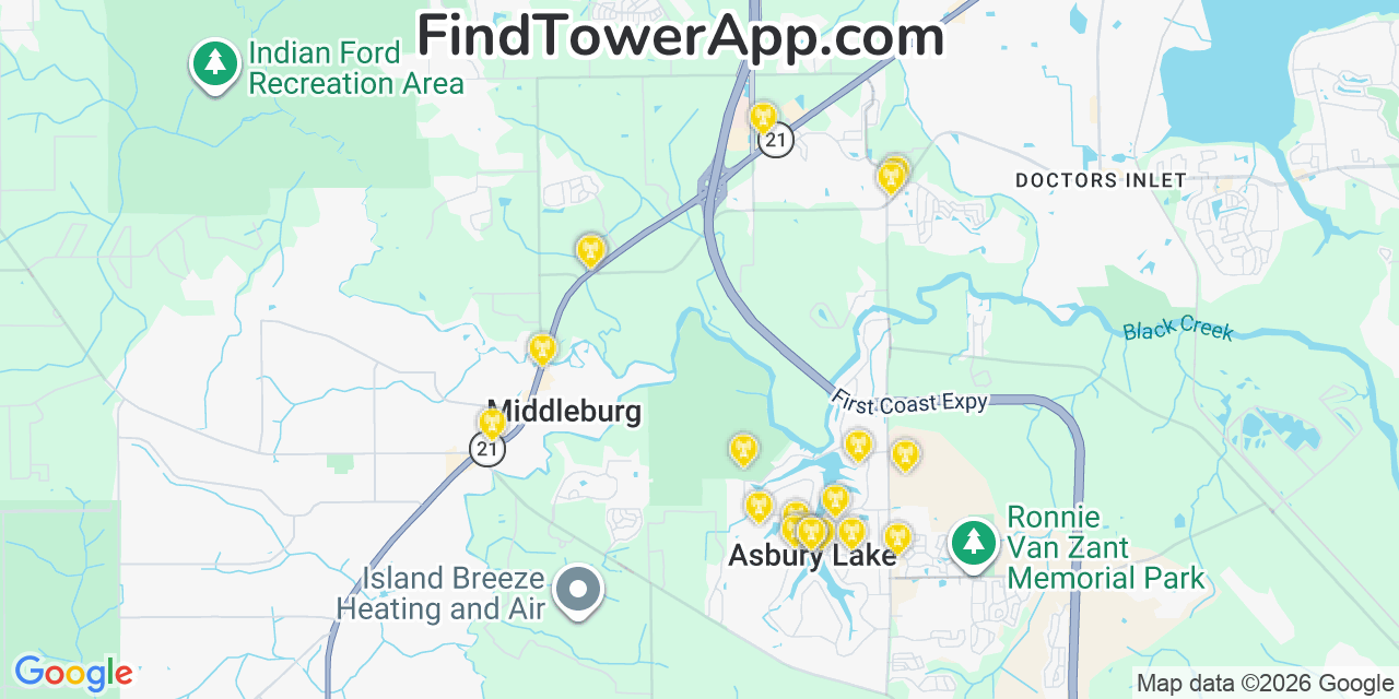 Map showing the 20 primary cell tower locations detected in Asbury Lake, Florida from AT&T, Verizon, and T-Mobile networks