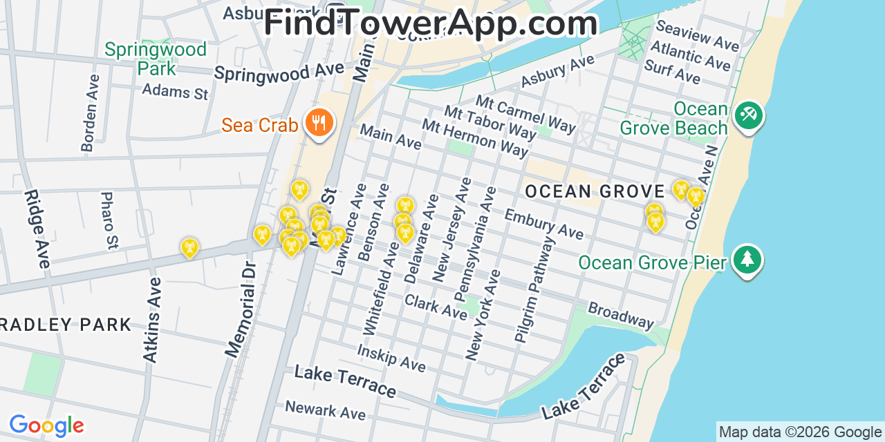 Map showing the 20 primary cell tower locations detected in Asbury Park, New Jersey from AT&T, Verizon, and T-Mobile networks
