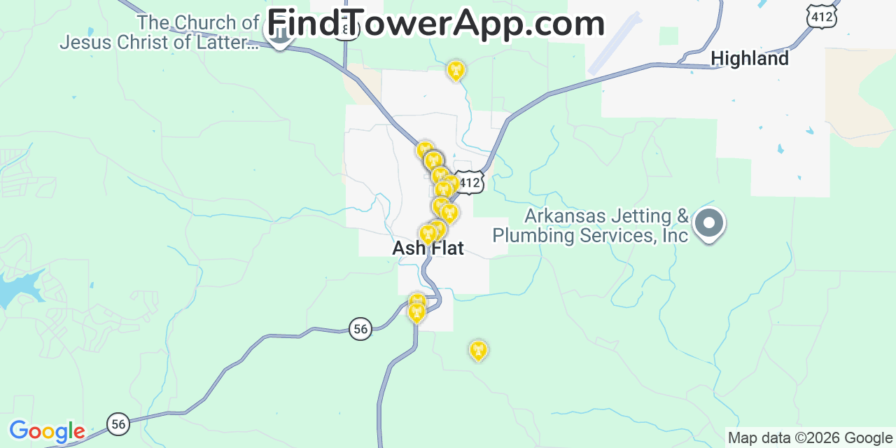 Map showing the 20 primary cell tower locations detected in Ash Flat, Arkansas from AT&T, Verizon, and T-Mobile networks