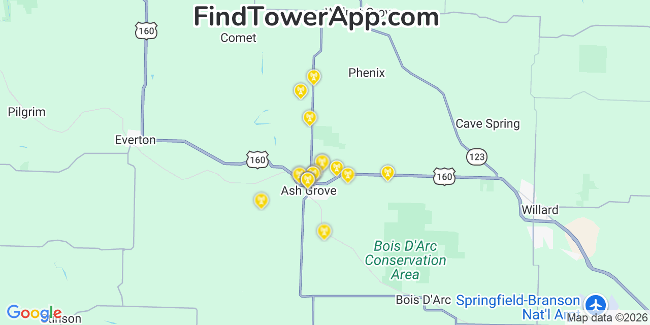 Map showing the 20 primary cell tower locations detected in Ash Grove, Missouri from AT&T, Verizon, and T-Mobile networks