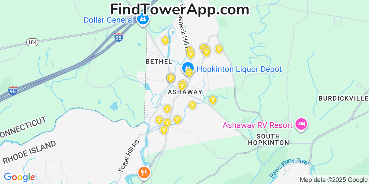 Map showing the 20 primary cell tower locations detected in Ashaway, Rhode Island from AT&T, Verizon, and T-Mobile networks