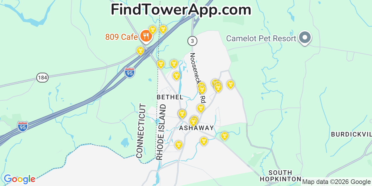 Map showing the 20 primary cell tower locations detected in Ashaway, Rhode Island from AT&T, Verizon, and T-Mobile networks