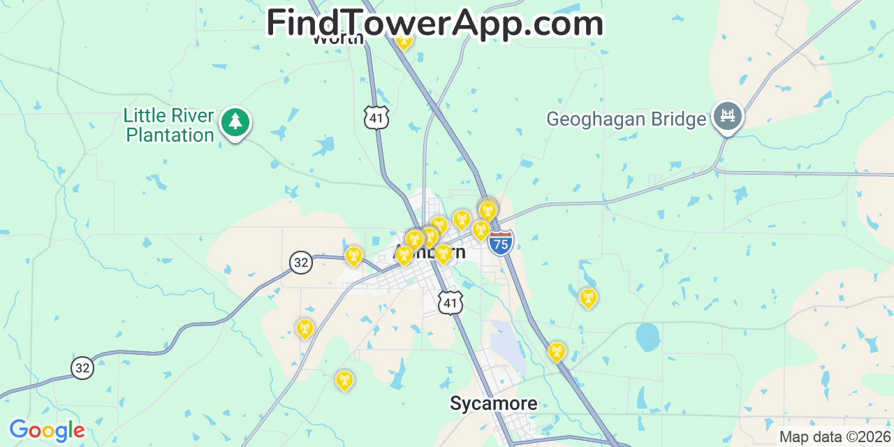 Map showing the 20 primary cell tower locations detected in Ashburn, Georgia from AT&T, Verizon, and T-Mobile networks