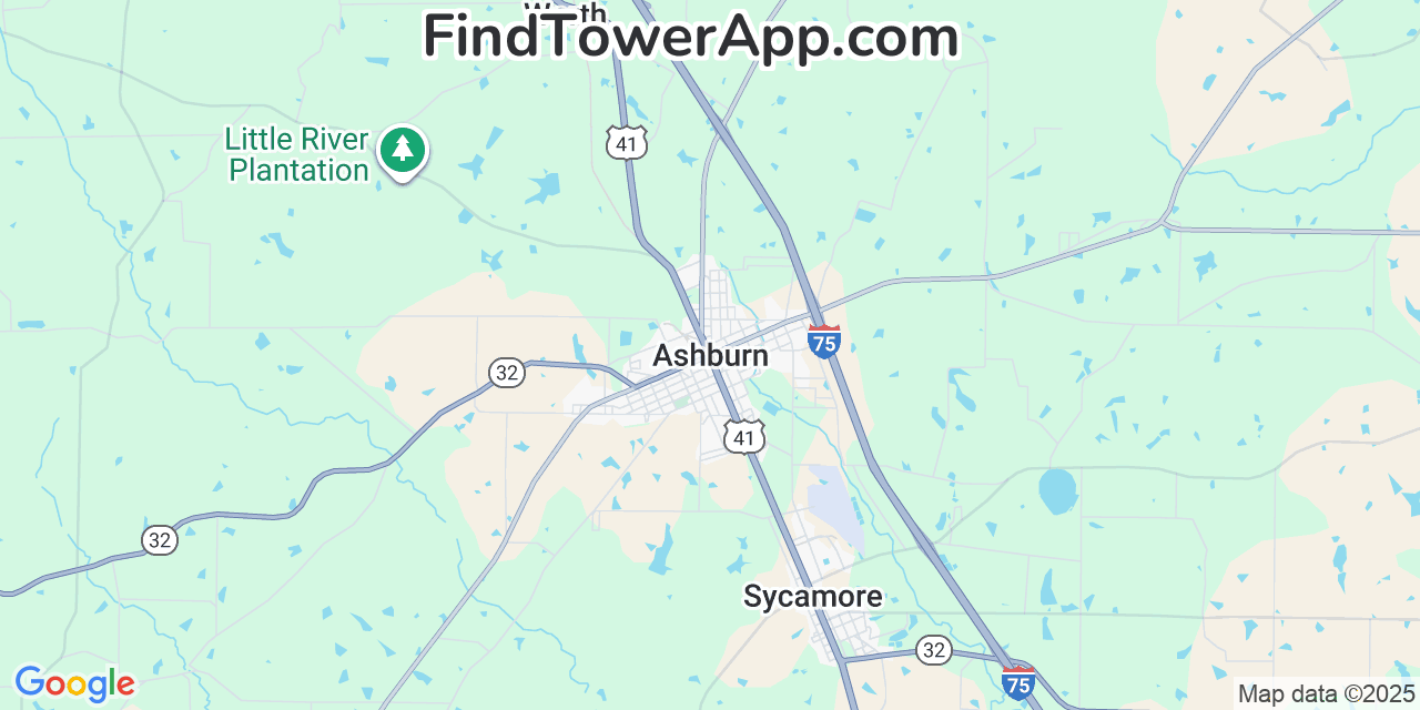 Map showing the 20 primary Mobitel cell tower locations detected in Ashburn, Georgia with coverage radius and signal strength indicators