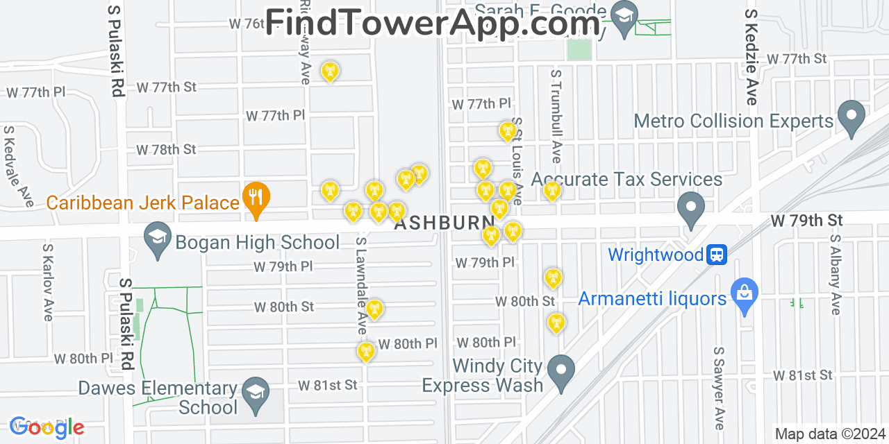 AT&T 4G/5G cell tower coverage map Ashburn, Illinois