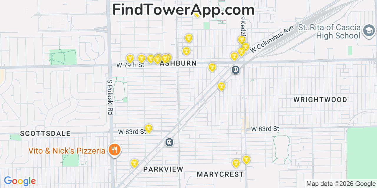 Map showing the 20 primary cell tower locations detected in Ashburn, Illinois from AT&T, Verizon, and T-Mobile networks