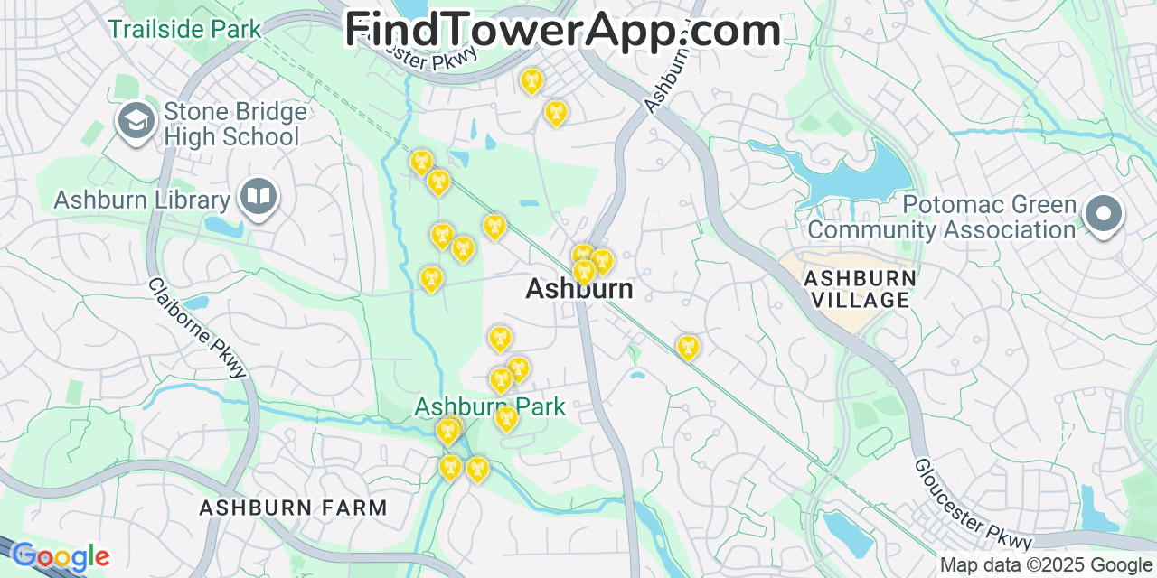 Map showing the 20 primary cell tower locations detected in Ashburn, Virginia from AT&T, Verizon, and T-Mobile networks