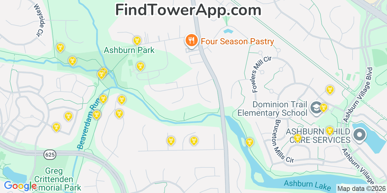 Map showing the 20 primary cell tower locations detected in Ashburn, Virginia from AT&T, Verizon, and T-Mobile networks