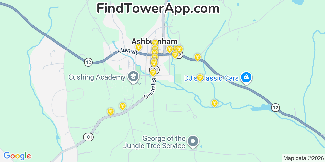 Map showing the 20 primary cell tower locations detected in Ashburnham, Massachusetts from AT&T, Verizon, and T-Mobile networks