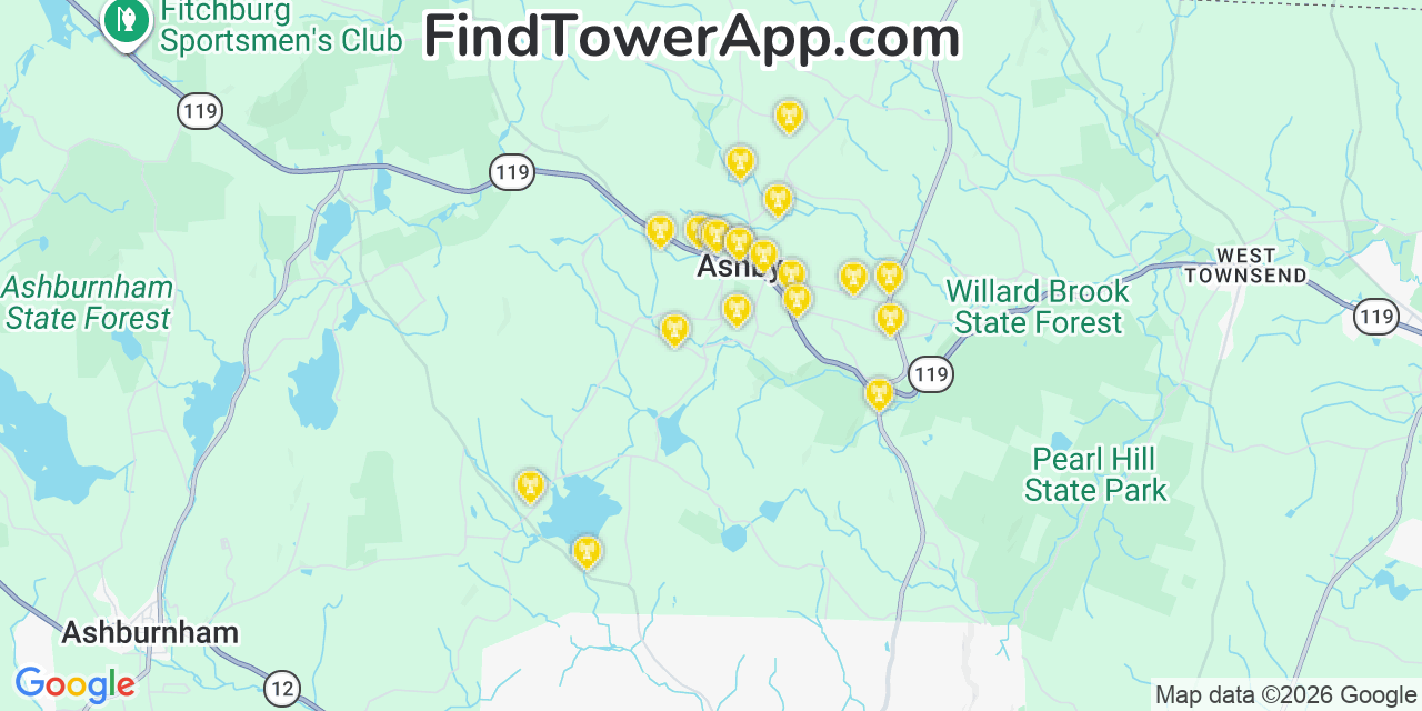 Map showing the 20 primary cell tower locations detected in Ashby, Massachusetts from AT&T, Verizon, and T-Mobile networks