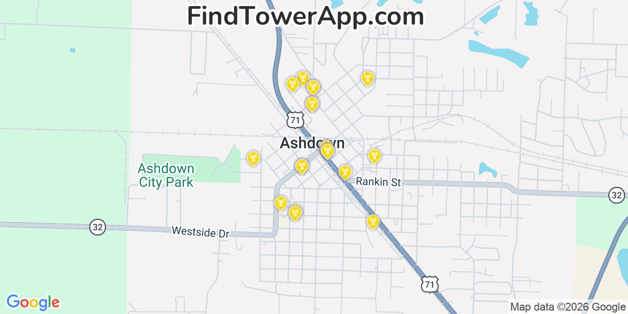 Map showing the 20 primary cell tower locations detected in Ashdown, Arkansas from AT&T, Verizon, and T-Mobile networks