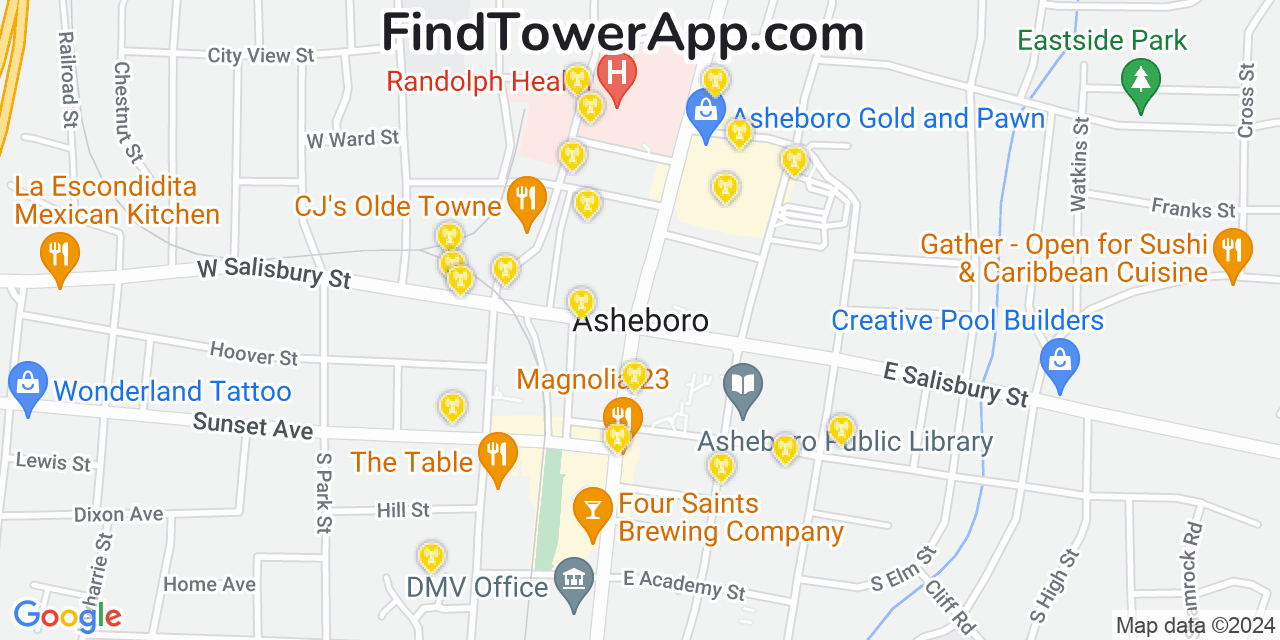 AT&T 4G/5G cell tower coverage map Asheboro, North Carolina