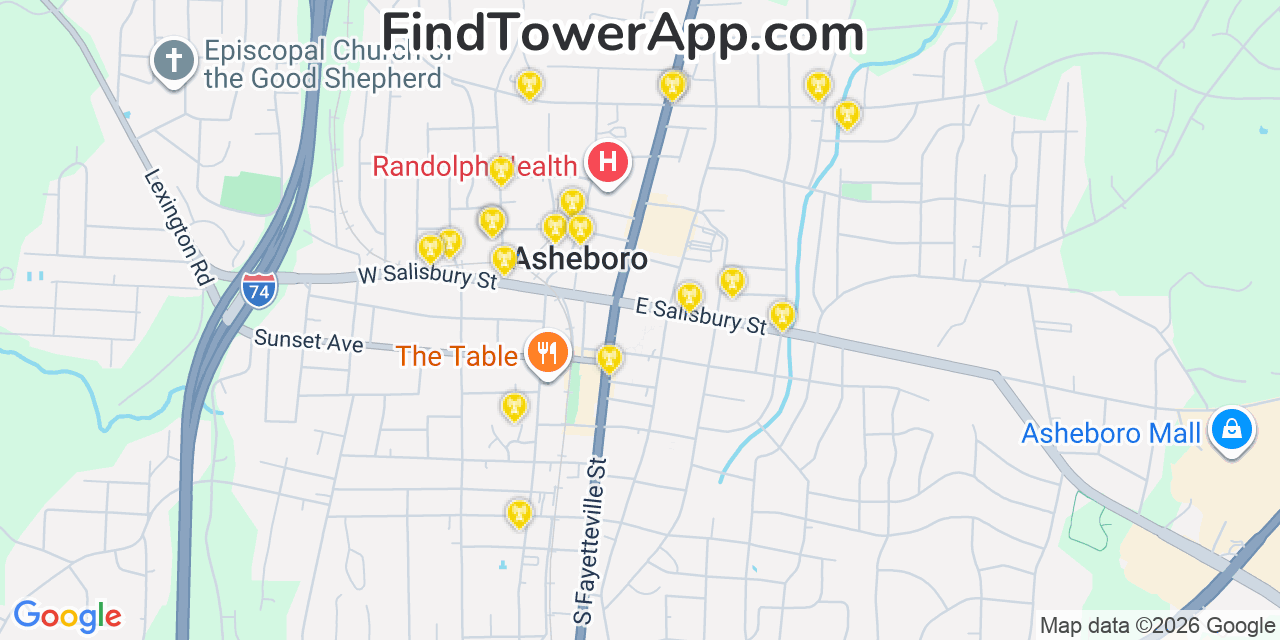 Map showing the 20 primary cell tower locations detected in Asheboro, North Carolina from AT&T, Verizon, and T-Mobile networks