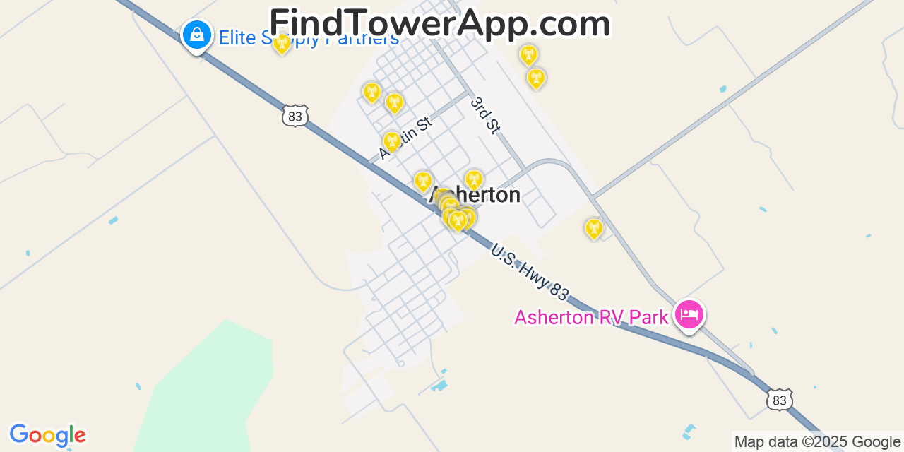 Map showing the 20 primary cell tower locations detected in Asherton, Texas from AT&T, Verizon, and T-Mobile networks