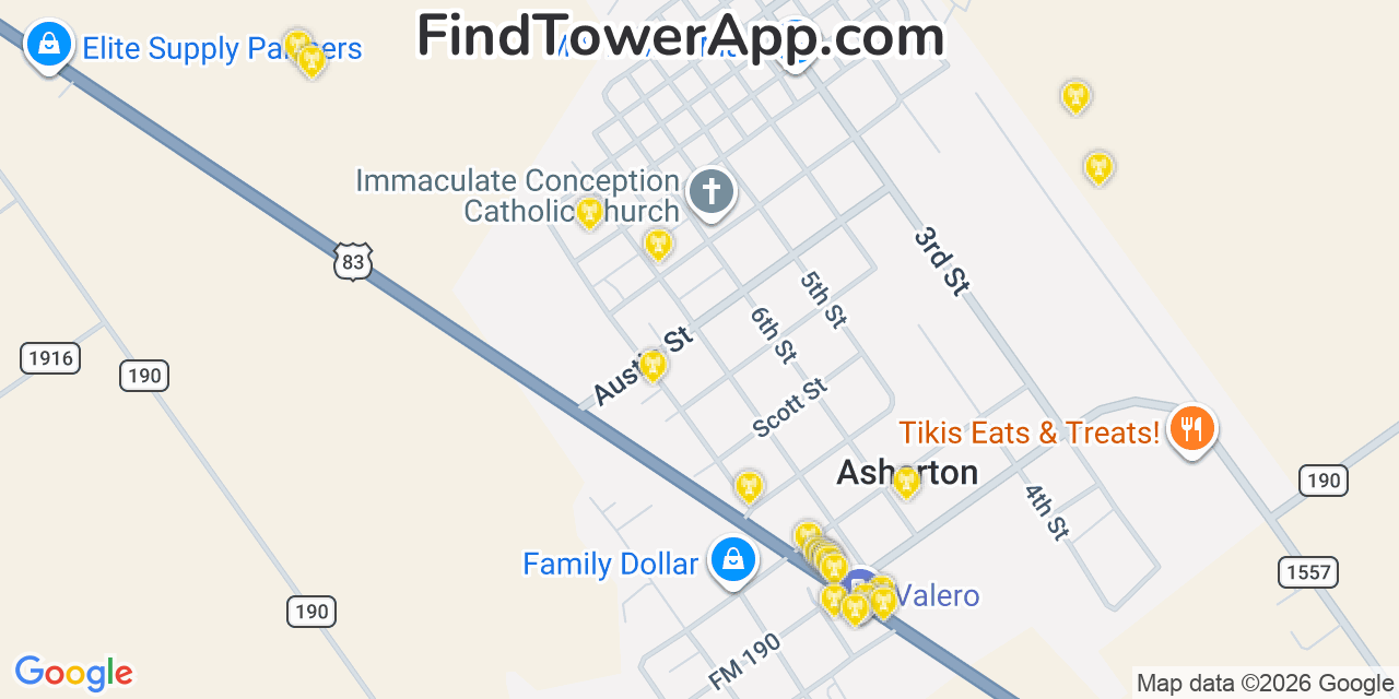 Map showing the 20 primary cell tower locations detected in Asherton, Texas from AT&T, Verizon, and T-Mobile networks