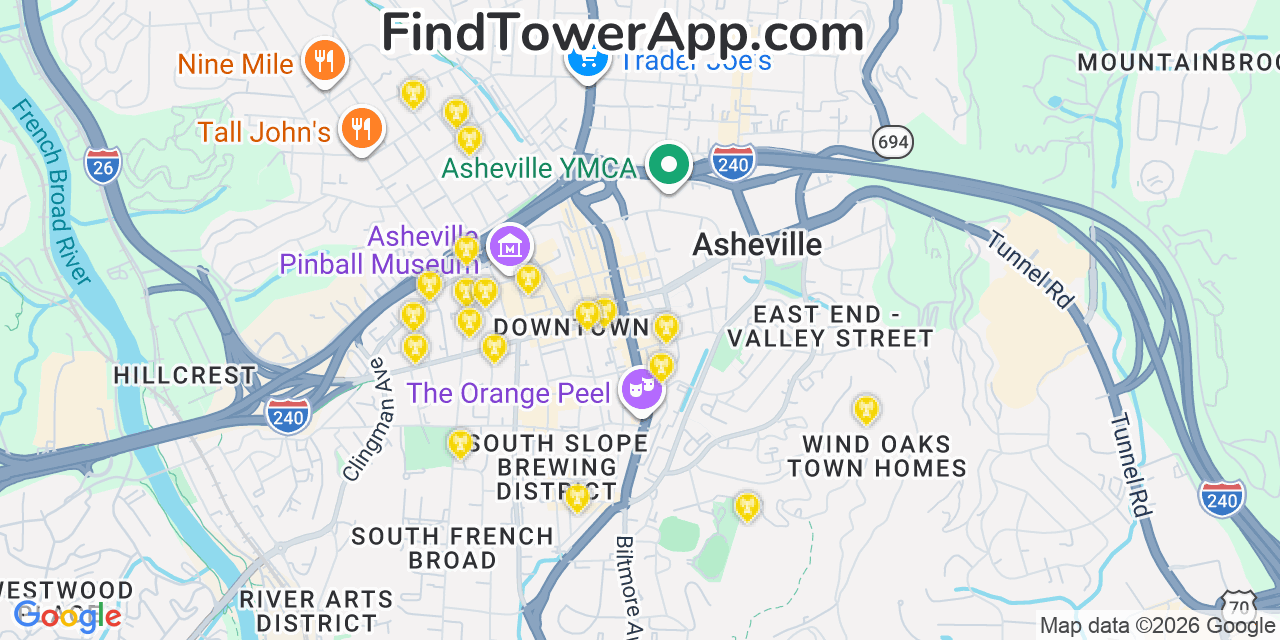 Map showing the 20 primary cell tower locations detected in Asheville, North Carolina from AT&T, Verizon, and T-Mobile networks