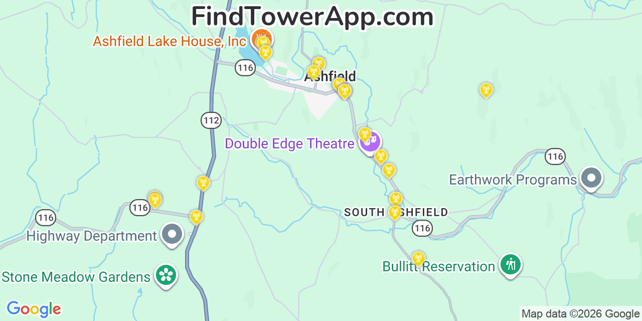 Map showing the 20 primary cell tower locations detected in Ashfield, Massachusetts from AT&T, Verizon, and T-Mobile networks