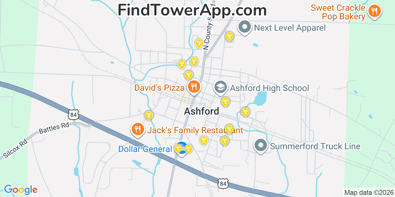 Map showing the 20 primary cell tower locations detected in Ashford, Alabama from AT&T, Verizon, and T-Mobile networks