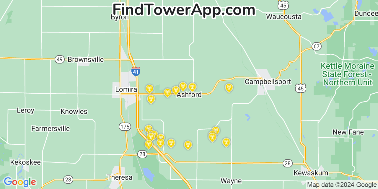 AT&T 4G/5G cell tower coverage map Ashford, Wisconsin