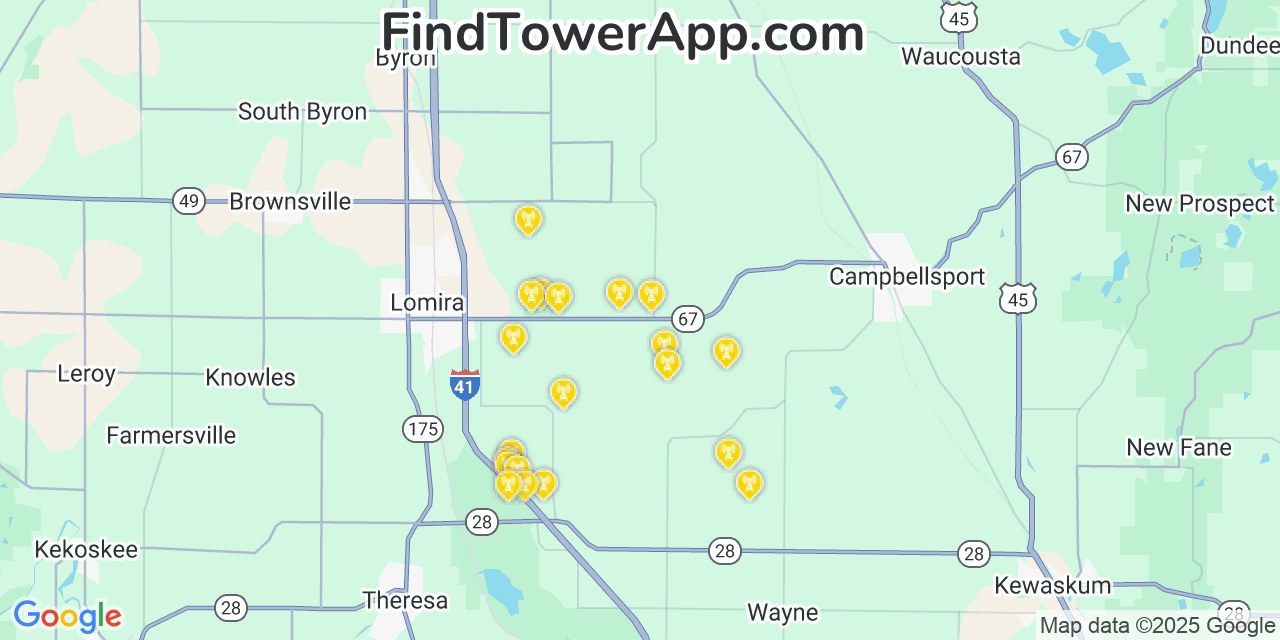 Map showing the 20 primary cell tower locations detected in Ashford, Wisconsin from AT&T, Verizon, and T-Mobile networks