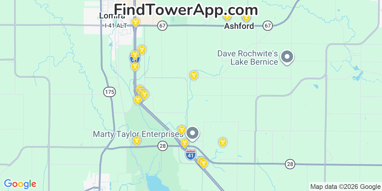 Map showing the 20 primary cell tower locations detected in Ashford, Wisconsin from AT&T, Verizon, and T-Mobile networks