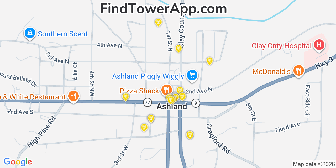 Map showing the 20 primary cell tower locations detected in Ashland, Alabama from AT&T, Verizon, and T-Mobile networks