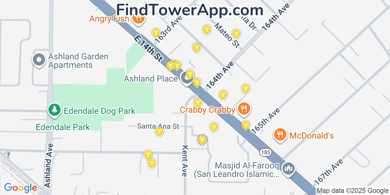 Map showing the 20 primary cell tower locations detected in Ashland, California from AT&T, Verizon, and T-Mobile networks
