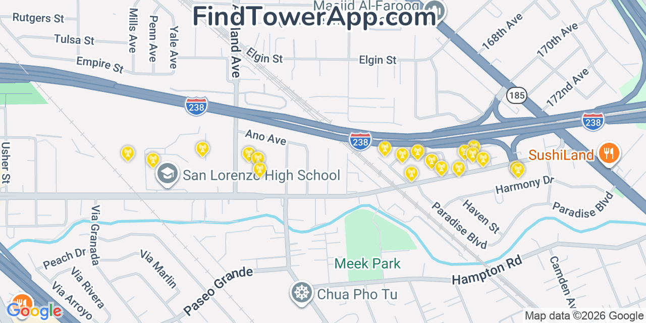 Map showing the 20 primary cell tower locations detected in Ashland, California from AT&T, Verizon, and T-Mobile networks