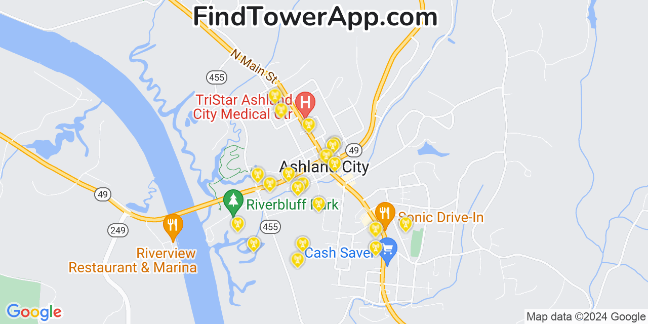 AT&T 4G/5G cell tower coverage map Ashland City, Tennessee