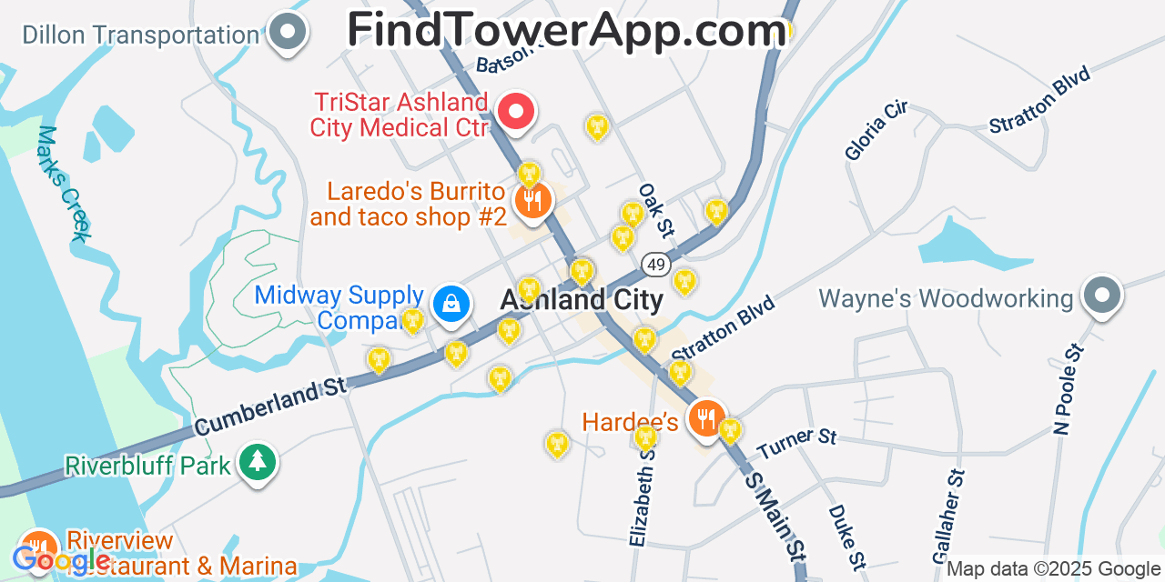 Map showing the 20 primary cell tower locations detected in Ashland City, Tennessee from AT&T, Verizon, and T-Mobile networks