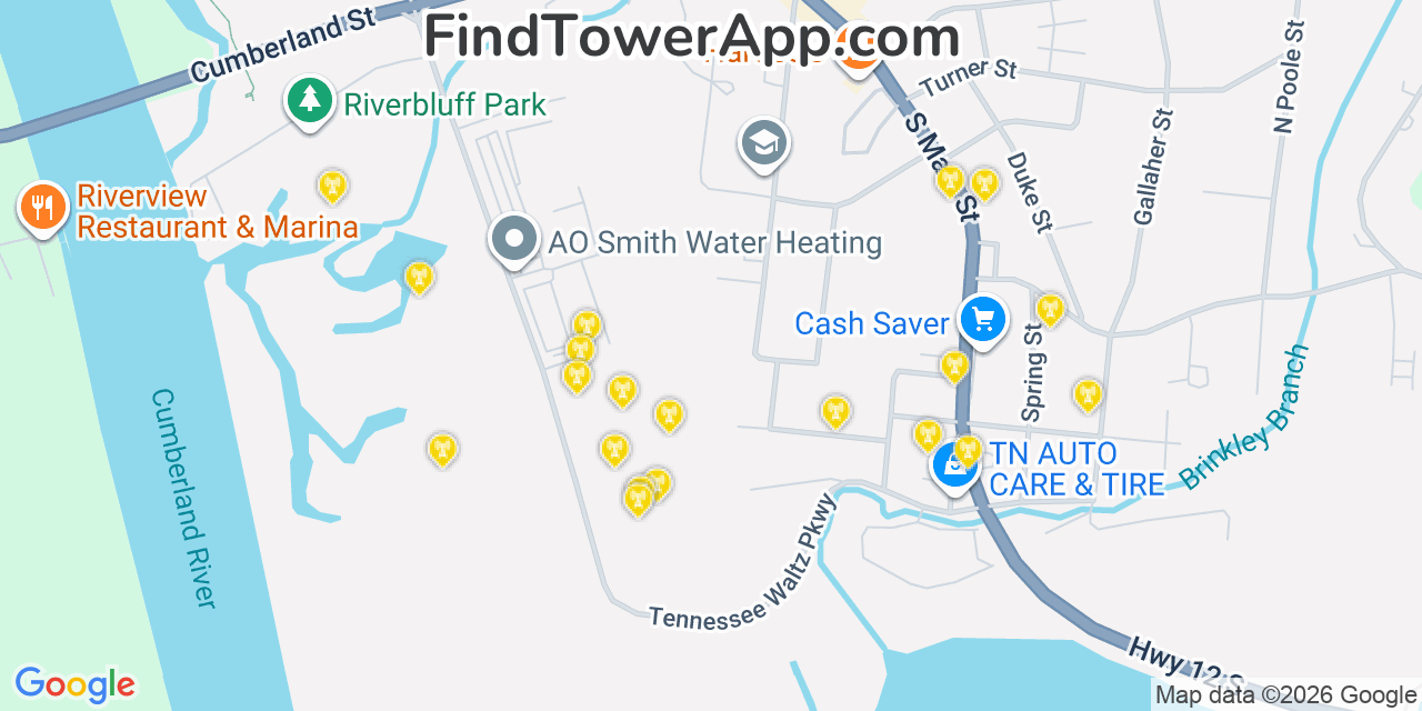 Map showing the 20 primary cell tower locations detected in Ashland City, Tennessee from AT&T, Verizon, and T-Mobile networks