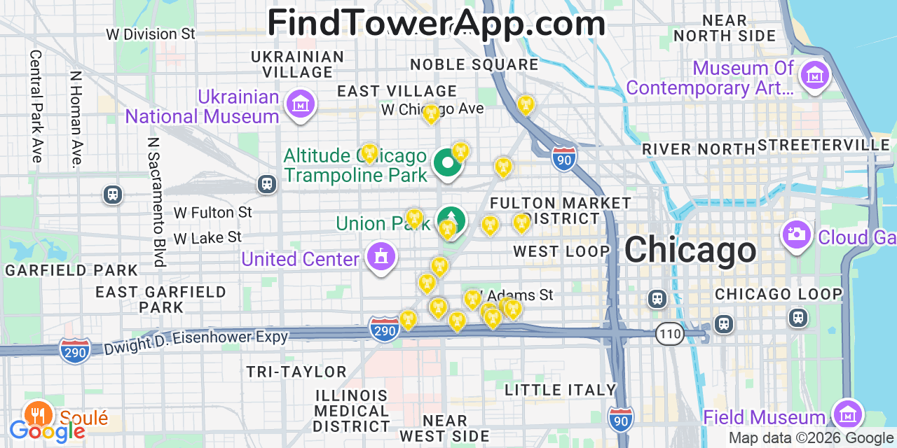 Map showing the 20 primary cell tower locations detected in Ashland, Illinois from AT&T, Verizon, and T-Mobile networks