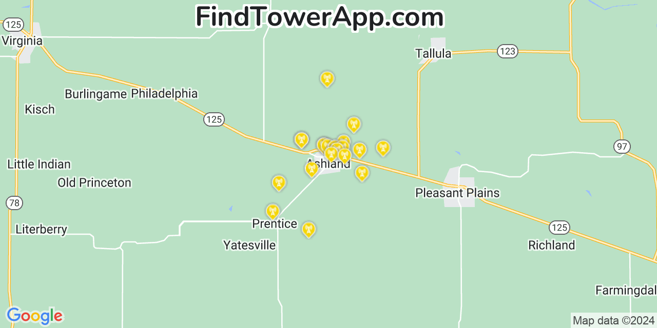 Verizon 4G/5G cell tower coverage map Ashland, Illinois