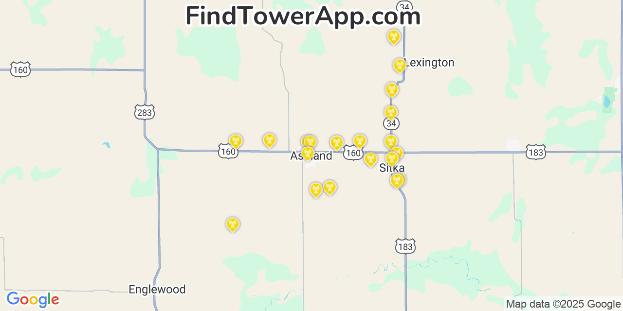 Map showing the 20 primary cell tower locations detected in Ashland, Kansas from AT&T, Verizon, and T-Mobile networks