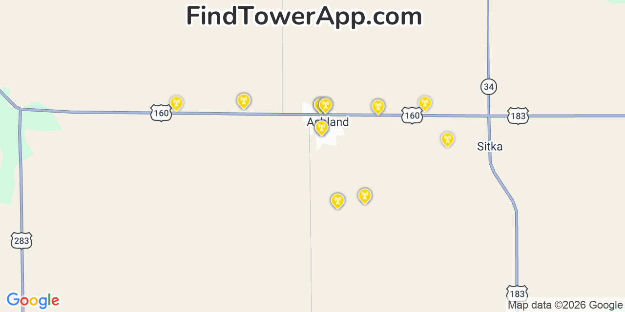 Map showing the 20 primary cell tower locations detected in Ashland, Kansas from AT&T, Verizon, and T-Mobile networks