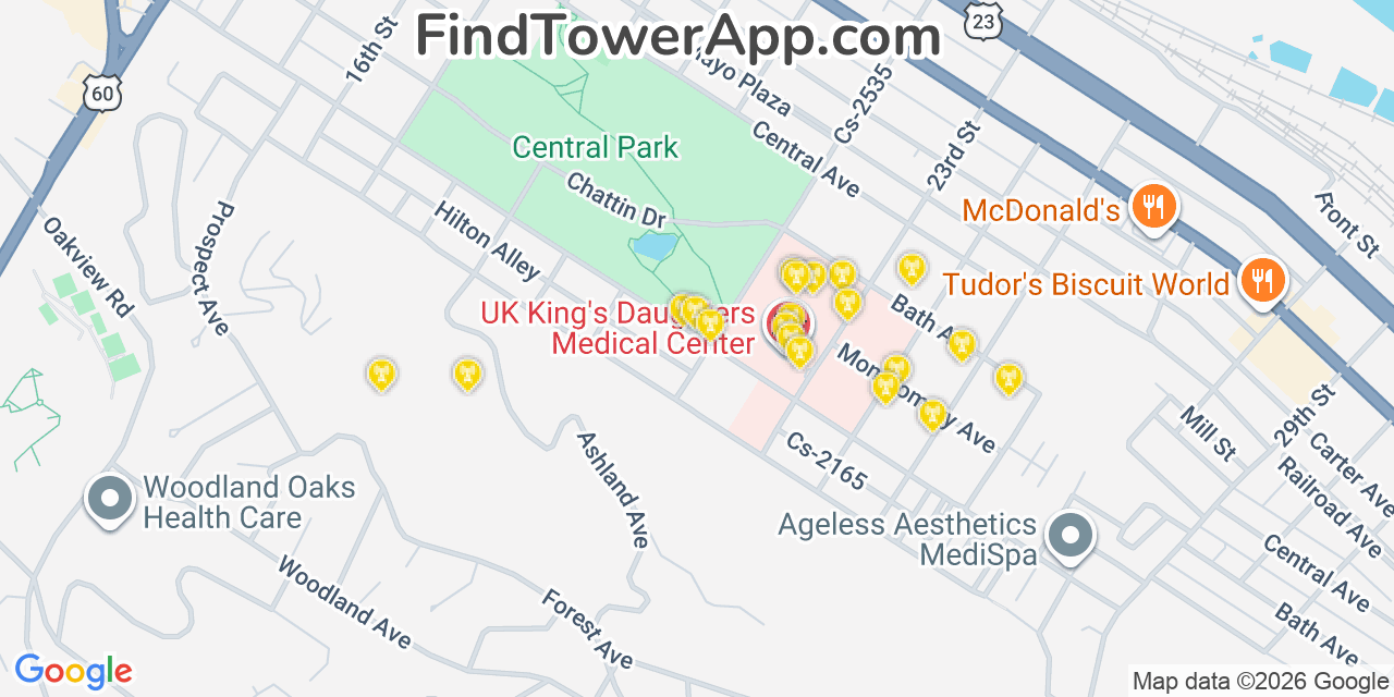 Map showing the 20 primary cell tower locations detected in Ashland, Kentucky from AT&T, Verizon, and T-Mobile networks