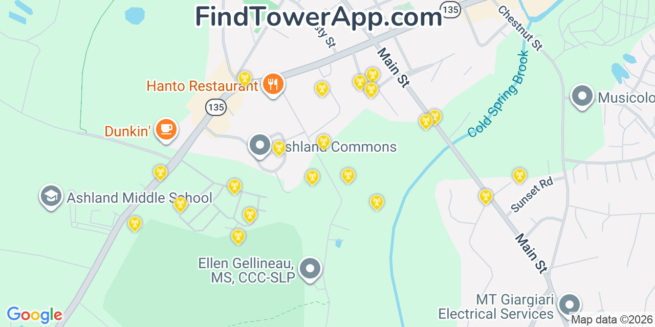 Map showing the 20 primary cell tower locations detected in Ashland, Massachusetts from AT&T, Verizon, and T-Mobile networks