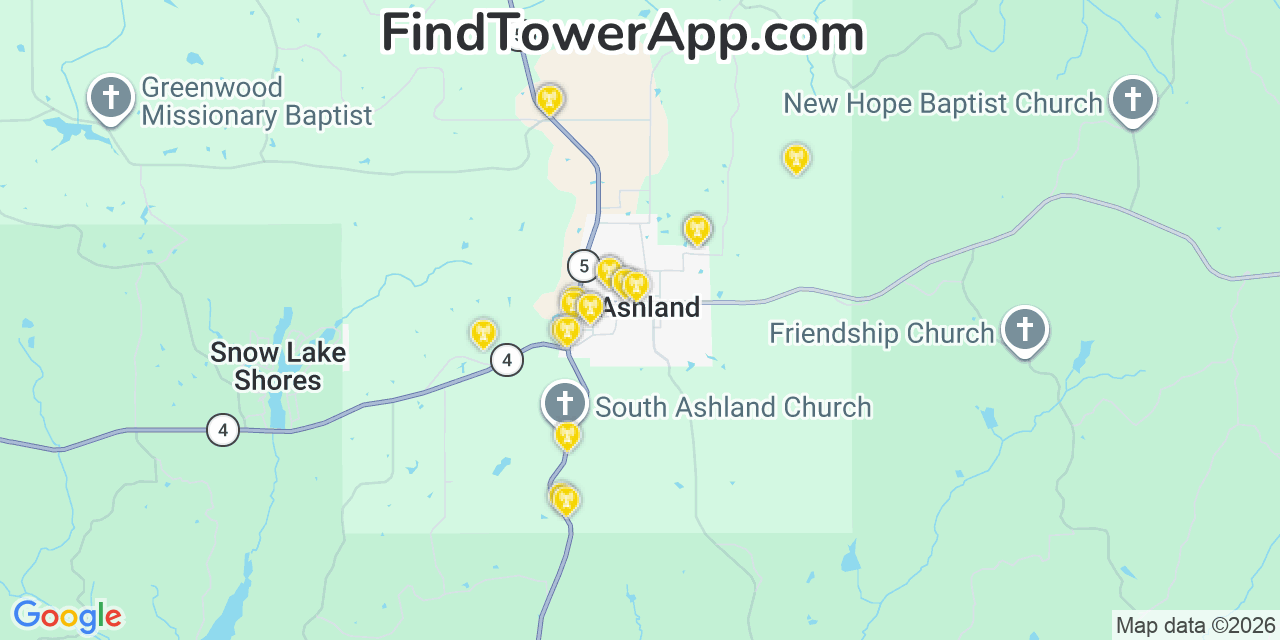 Map showing the 20 primary cell tower locations detected in Ashland, Mississippi from AT&T, Verizon, and T-Mobile networks
