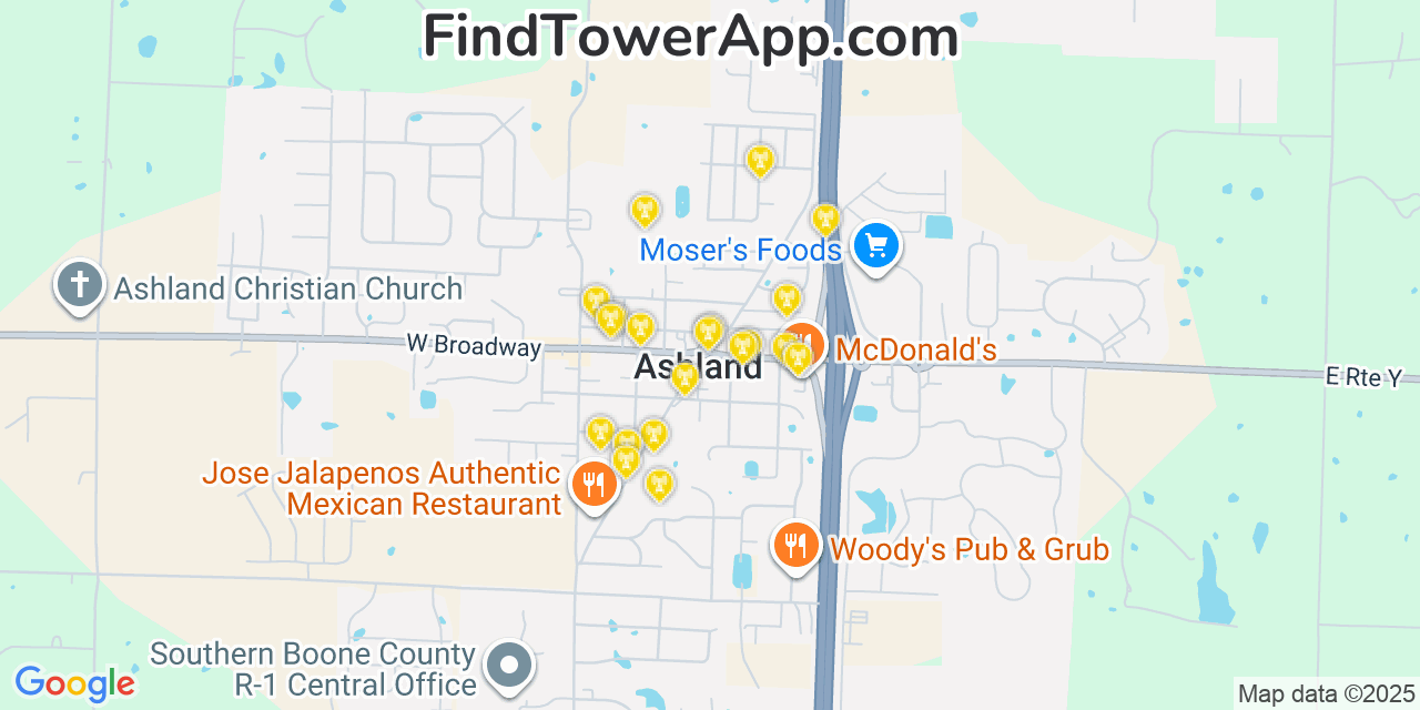 Map showing the 20 primary cell tower locations detected in Ashland, Missouri from AT&T, Verizon, and T-Mobile networks