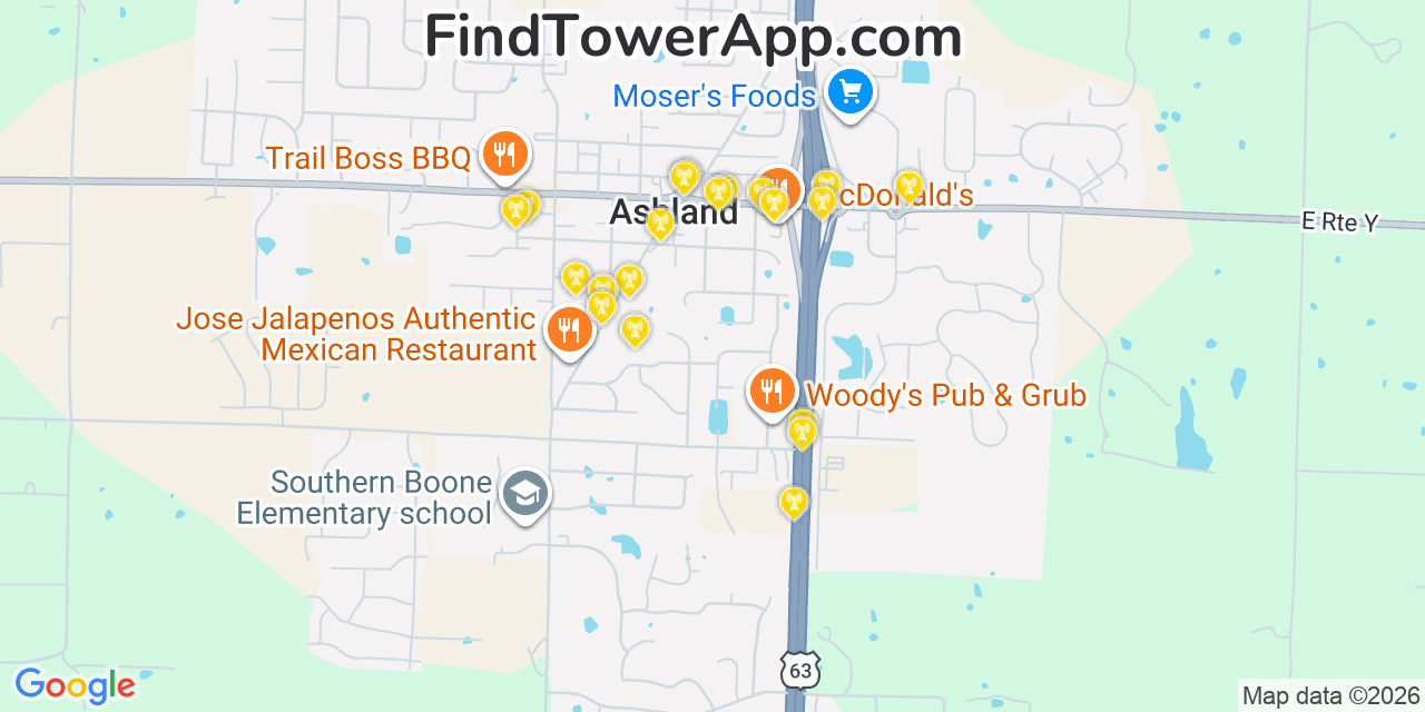 Map showing the 20 primary cell tower locations detected in Ashland, Missouri from AT&T, Verizon, and T-Mobile networks